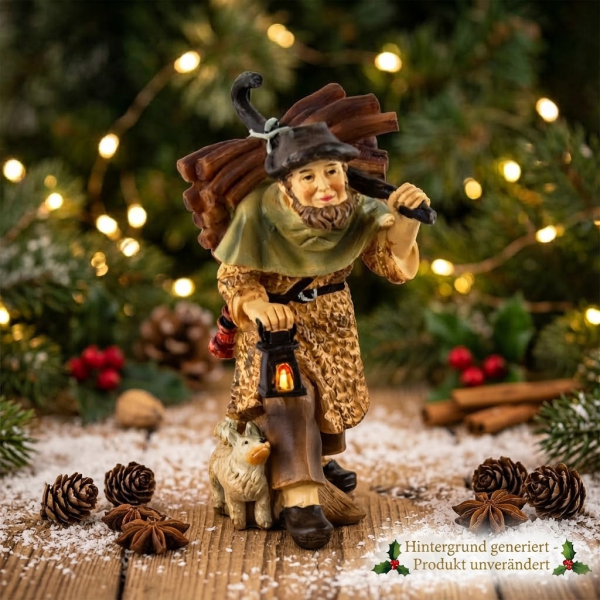 Handbemalte Krippenfigur Hirte mit Holz und Laterne - ca. 11 cm - K001-34